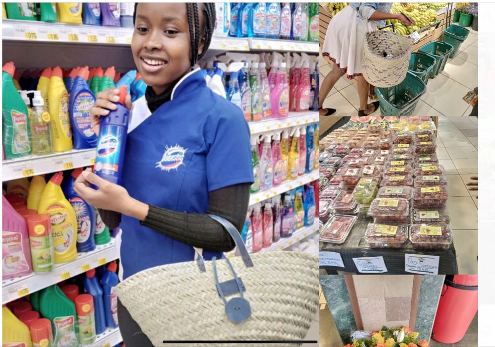 A happy Kenyan shopper with her plastic free baskets, alternative for plastic carrier bags