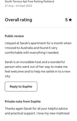 Guest Sophie gave Sarah five stars for being attentive during her stay.