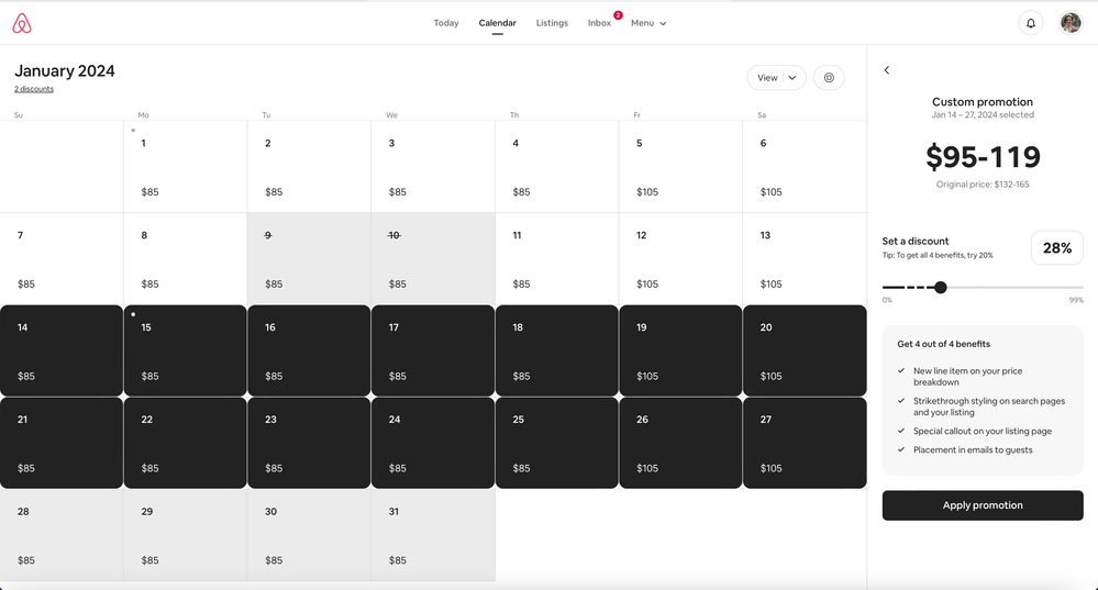 View of what the promotion feature says my nightly rate is. See right side panel and one the price different between what is on the calendar and what is being displayed in the right panel.