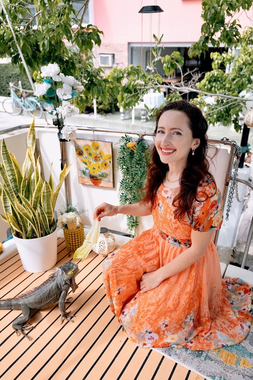 Rose with Coco onboard Grace, Graceland Fort Lauderdale, founded by Rose in July 2021 at Cadillac Villa, a listed historic building, currently hosting on Airbnb.