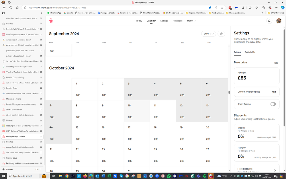 Calendar showing £85 per night across the board