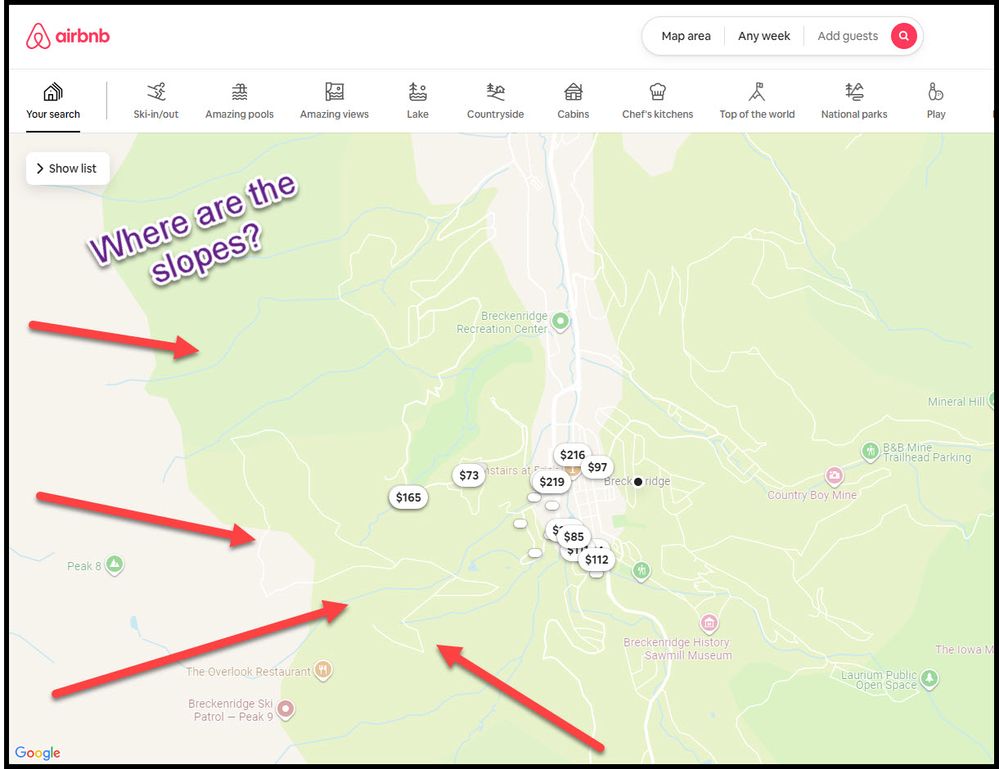 Current Airbnb map for the Breckenridge area.