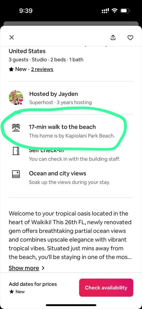 Airbnb listing shows incorrect beach and exaggerated walking distance