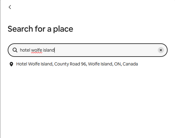 Hotel Wolfe Island appears in the search.