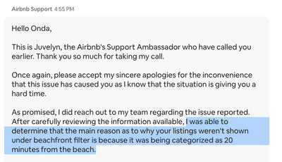 Response from Airbnb saying we are 20 minutes away from the beach so do not qualify for "beachfront"