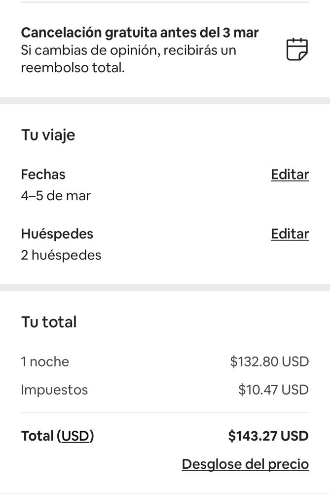 luego de hacer click en reservar me aparece el desglose del precio