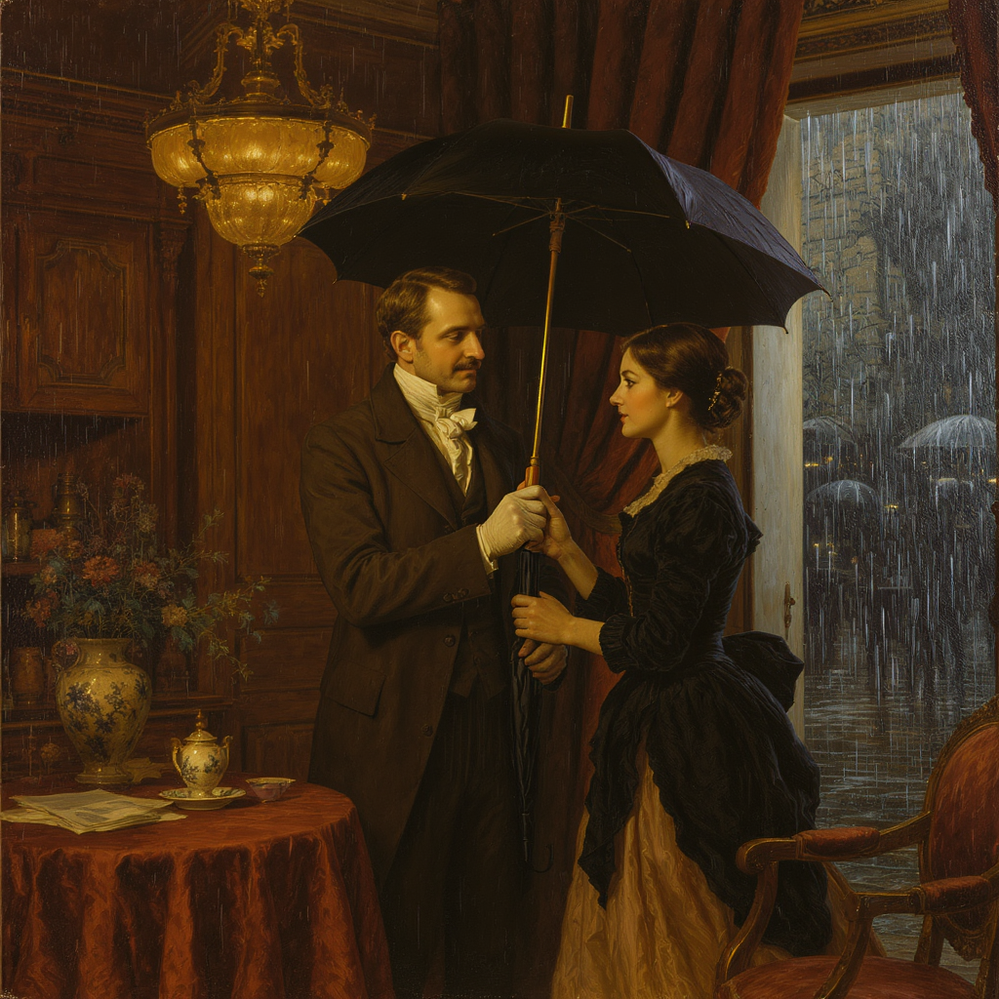 [Gemälde durch KI generiert: Der Gastgeber überreicht der Gästin einen Regenschirm]