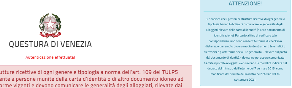 dal sito Alloggiatiweb della Questura di Venezia