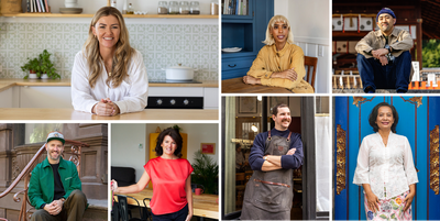 Un collage de siete miembros de los Consejos asesores de anfitriones de Airbnb que sonríen y posan en diferentes entornos.png