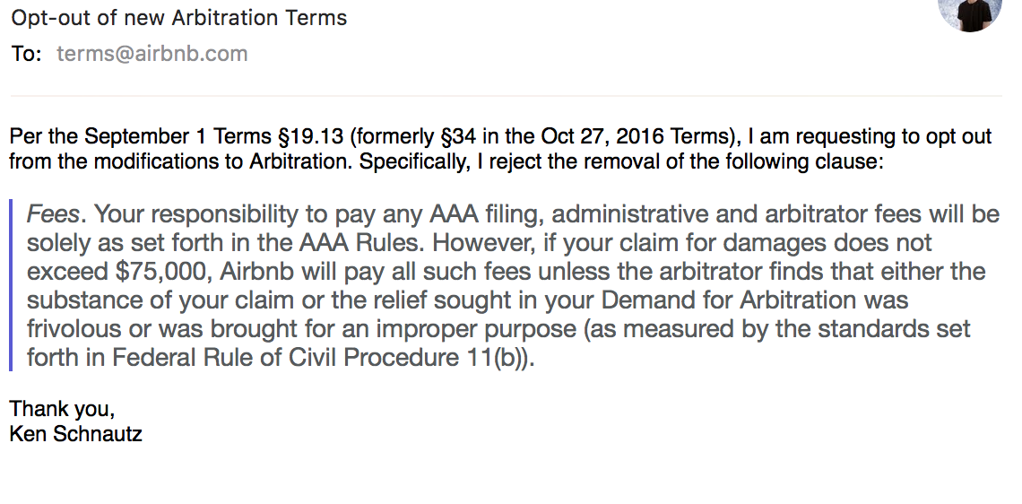 Opt Out of Arbitration Clause by email? Airbnb Community