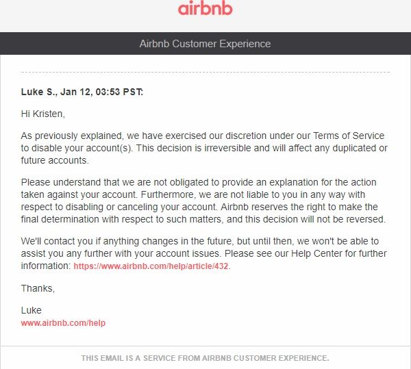 The latest template email from Airbnb saying the same thing as before