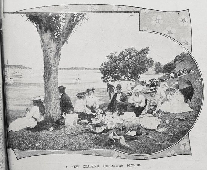 Showing families picnicking by a beach (probably Cowes Bay, Waiheke Island) at Christmas - Auckland Weekly News 25 December 1902 p001