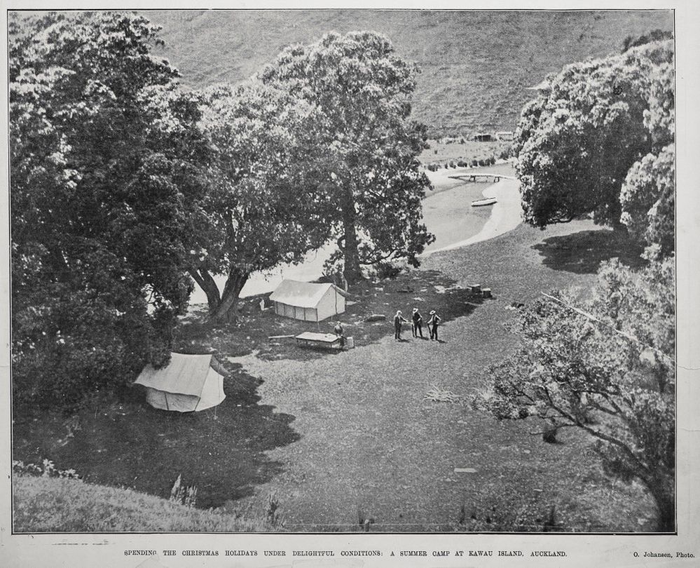 An aerial view showing men spending the Christmas Holidays at a summer camp at Kawau Island, Auckland - Auckland Weekly News 02 JANUARY 1913 p001