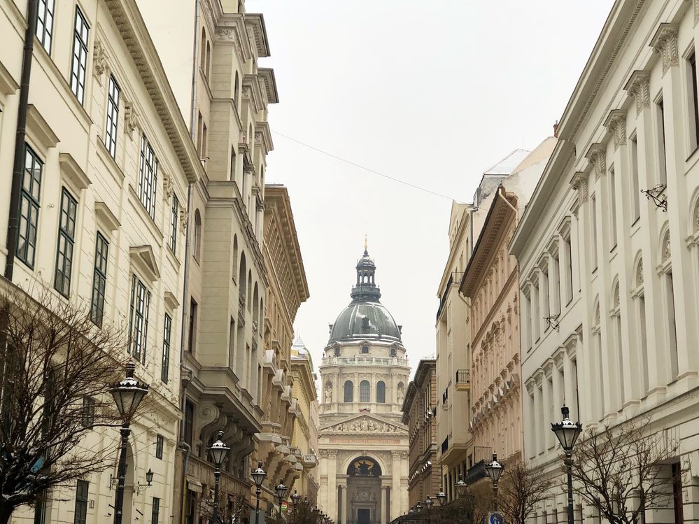 La Basilique Saint-Étienne de Pest. Nous avons monté l'escalier jusqu'au sommet (une recommendation de notre hôte Airbnb) et il y avait des vues superbes des toits sous la neige !