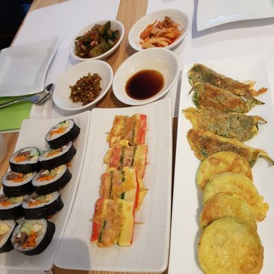 Gimbap & various types of Jeon (pan-fried  veggies)