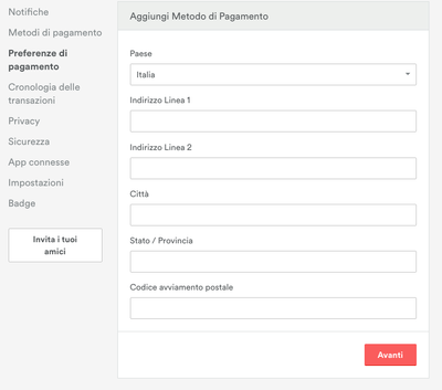 Indirizzo metodo di pagamento