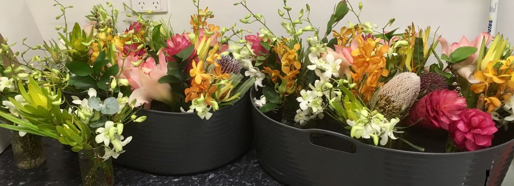 Just thought I’d show some of the table flowers. All in their vases, both Aussie natives and tropical, all ready to be put on the tables