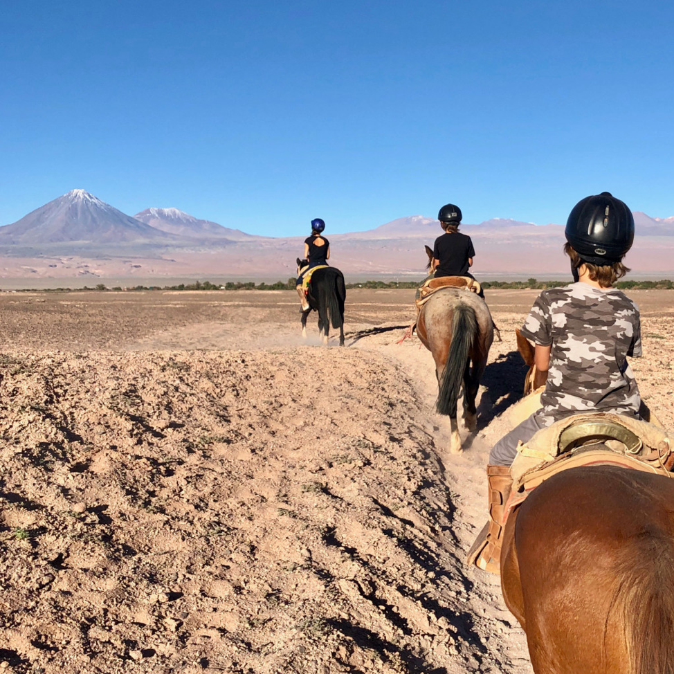 The Popp family riding horses in Atacama, Chile.