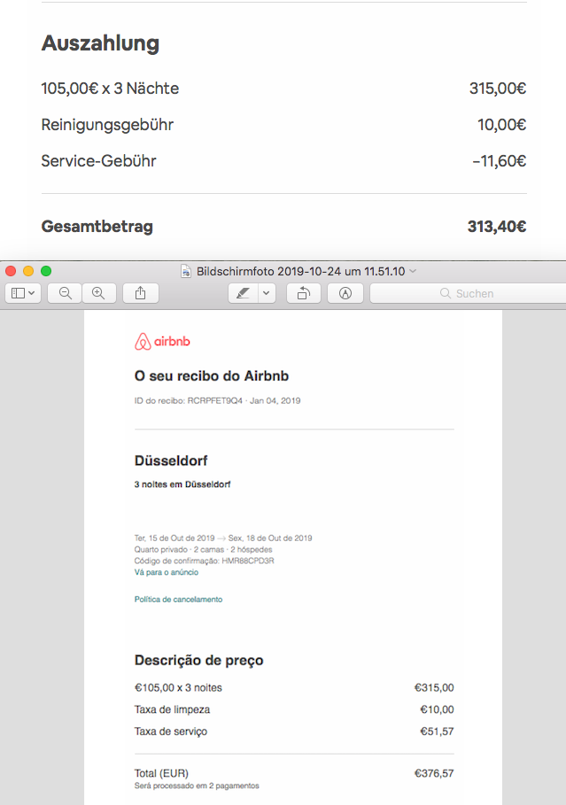 Oben unsere Auszahlung, unten die Airbnb Nachricht an unseren Gast