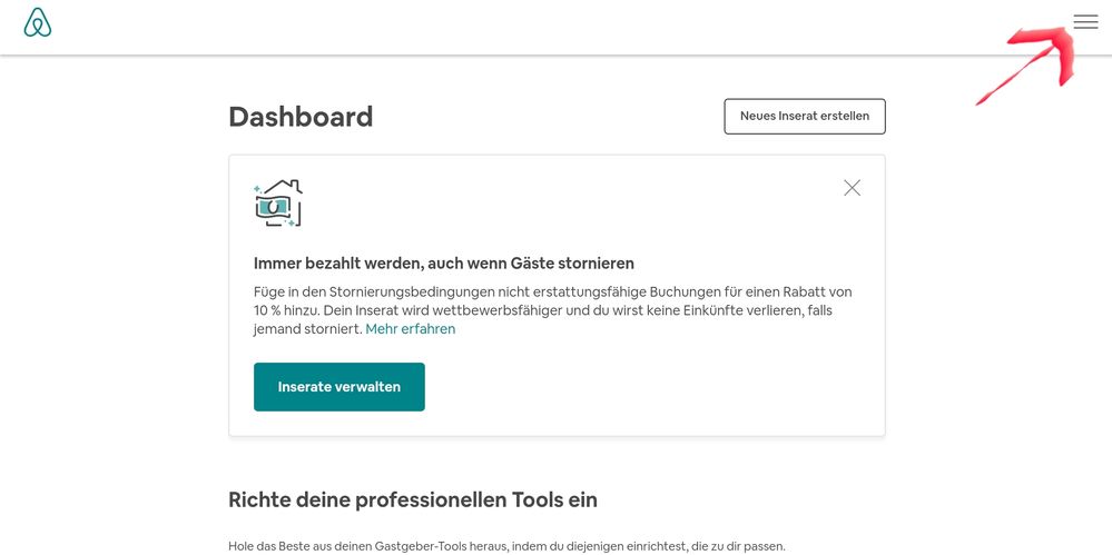 Dann macht das "Dashboard" auf und ich klicke oben rechts auf die 3 Balken...