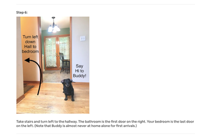 Photo showing my sweet dog, along with step-by-step directions to walk guests to their room.