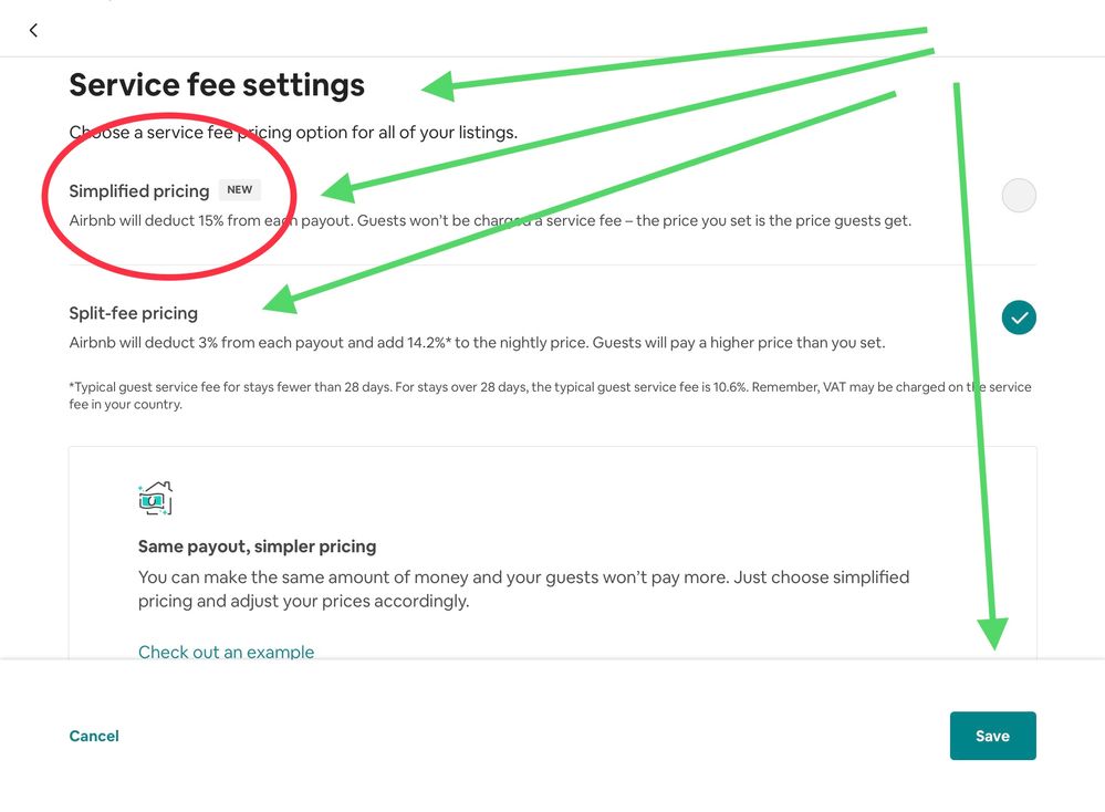 Service Fee Setting > Select Simplified Price Setting ( Guest won't be charged a service fee) > Click Save