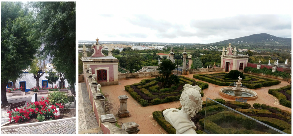 Estoi : Placette à l’ombre des jacarandas & Les jardins de la Pousada Palacio