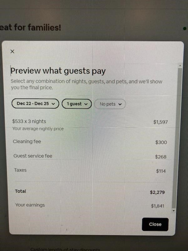 What my hosting dashboard says as a preview of what guests will pay